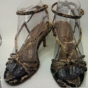 strappy Snakeskin-Print Heels in beige
